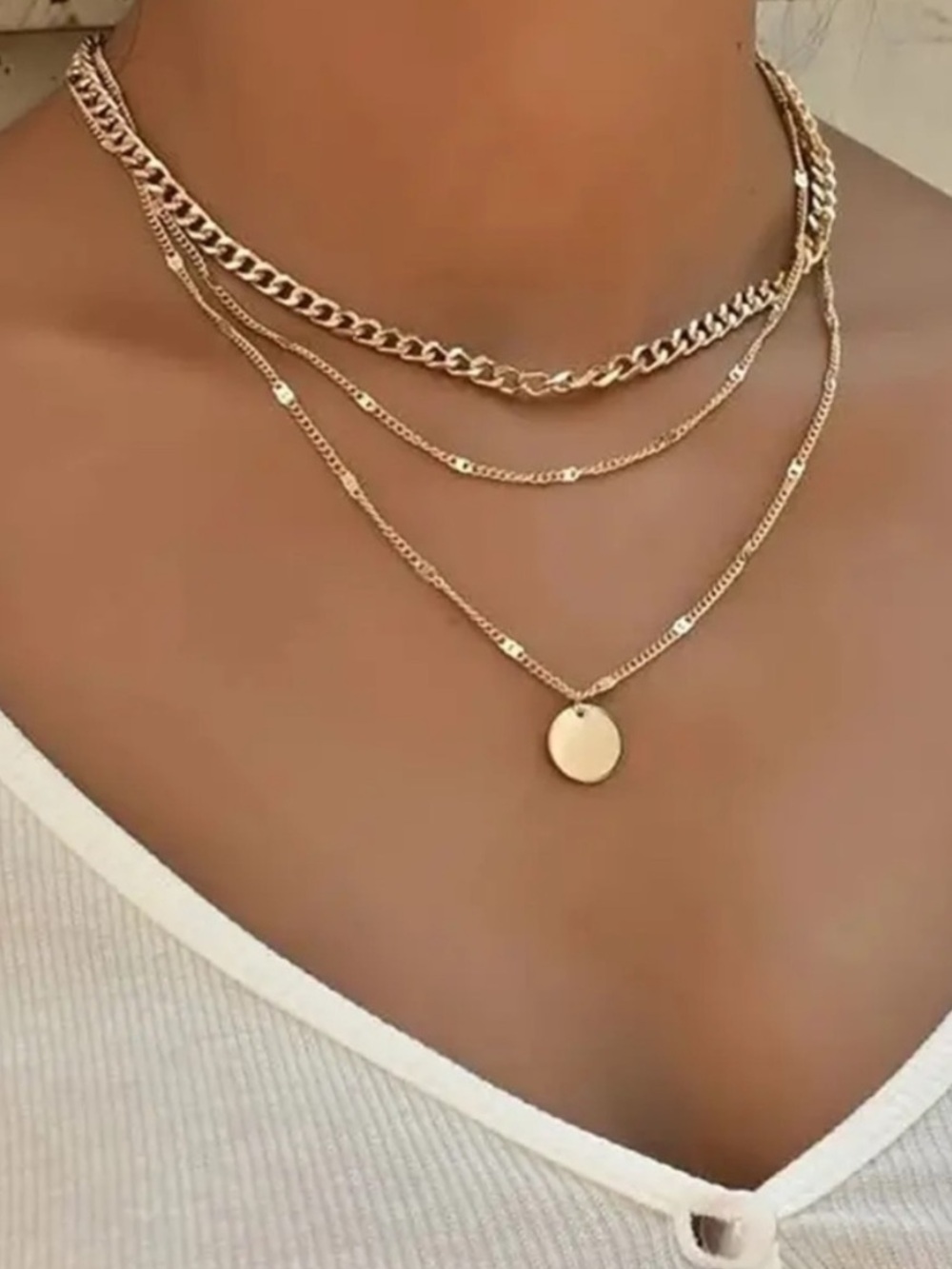 Layered Gold Disc Pendant Necklace - Women Jewelry
